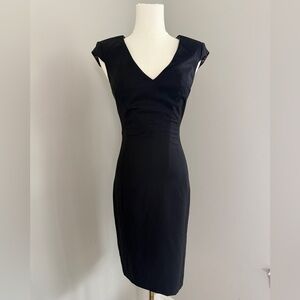 Ted Baker Black V-Neck Midi Sheath Dress Tailored Cap Sleeve 0